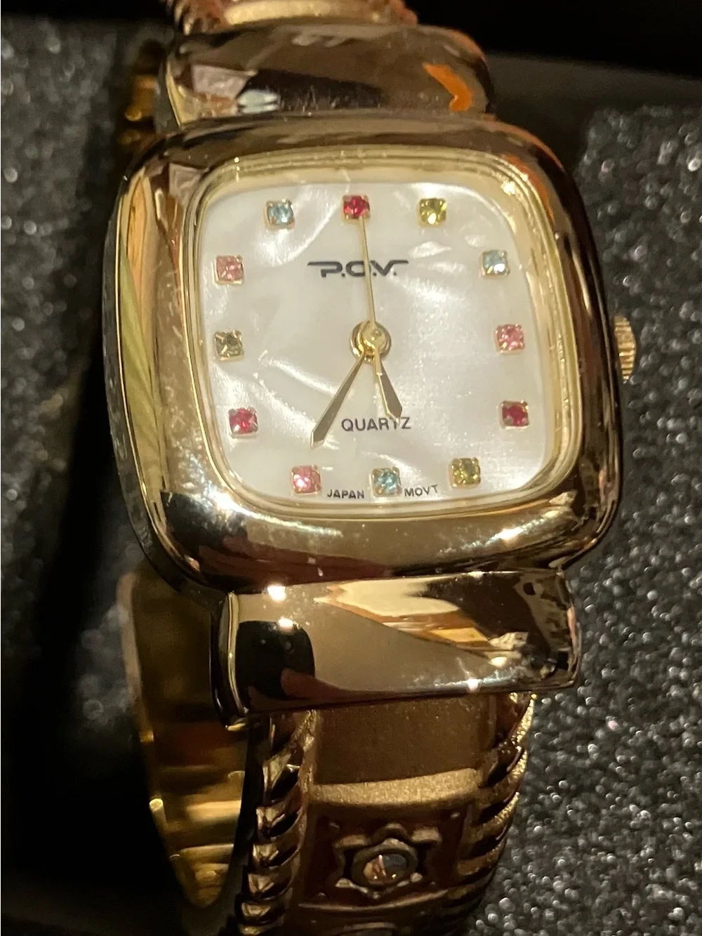 NEW Vintage POV Gold-Tone Square Face Quartz Watch with Jewel Accents